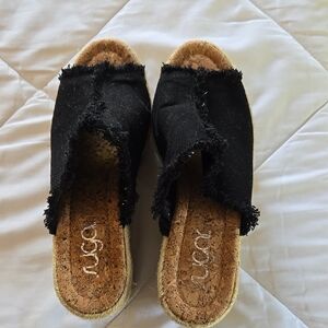 Women's Black Frayed Slide Sandals